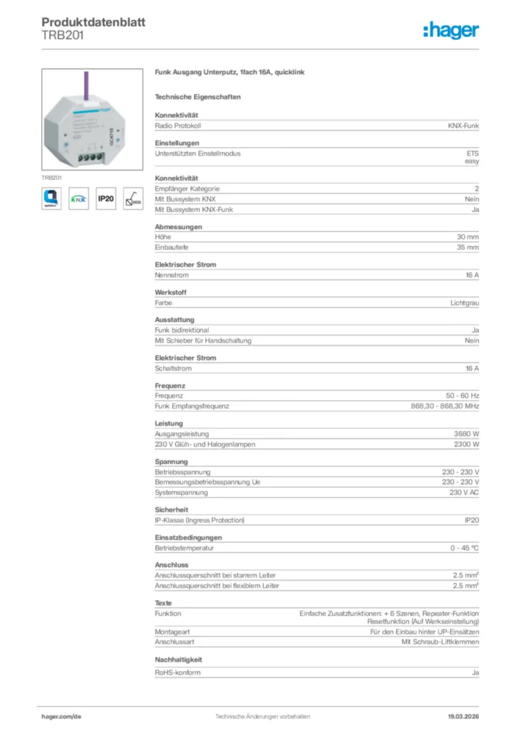 Bild Hager Produktdatenblatt TRB201 | Hager Deutschland