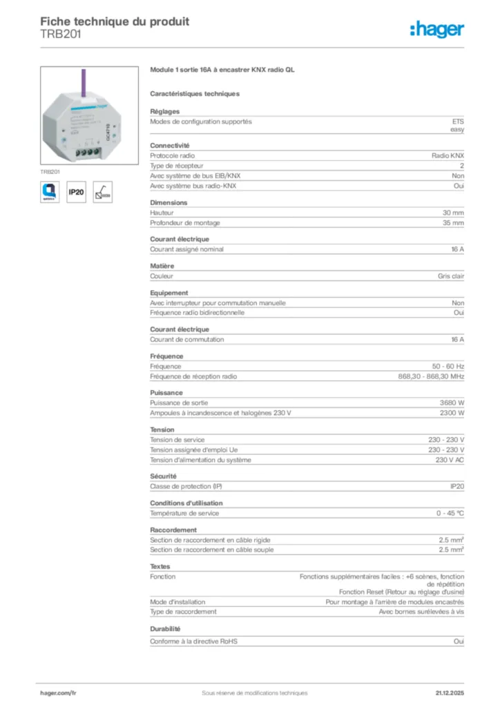Image Hager Fiche technique du produit TRB201 | Hager France