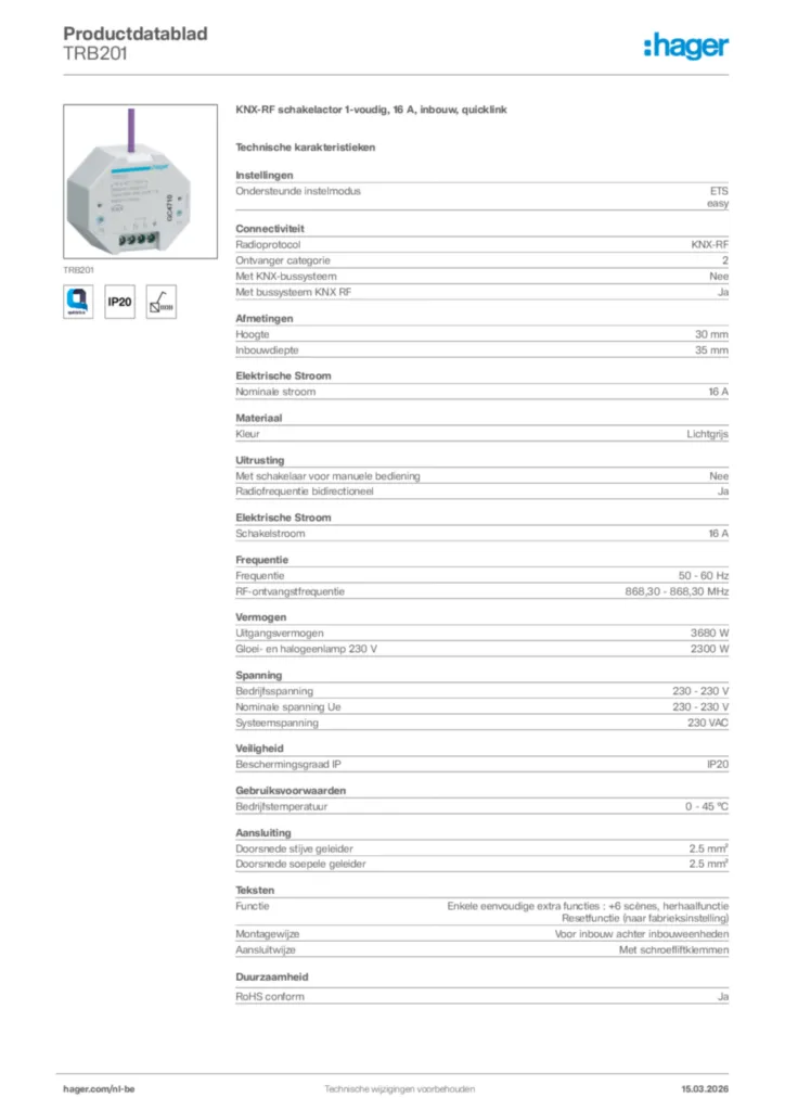Afbeelding Hager Productdatablad TRB201 | Hager Belgium