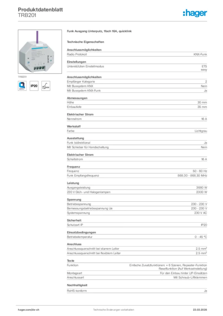 Bild Hager Produktdatenblatt TRB201 | Hager Schweiz