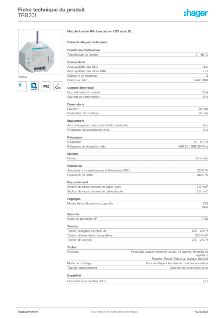 Image Hager Fiche technique du produit TRB201 | Hager Suisse