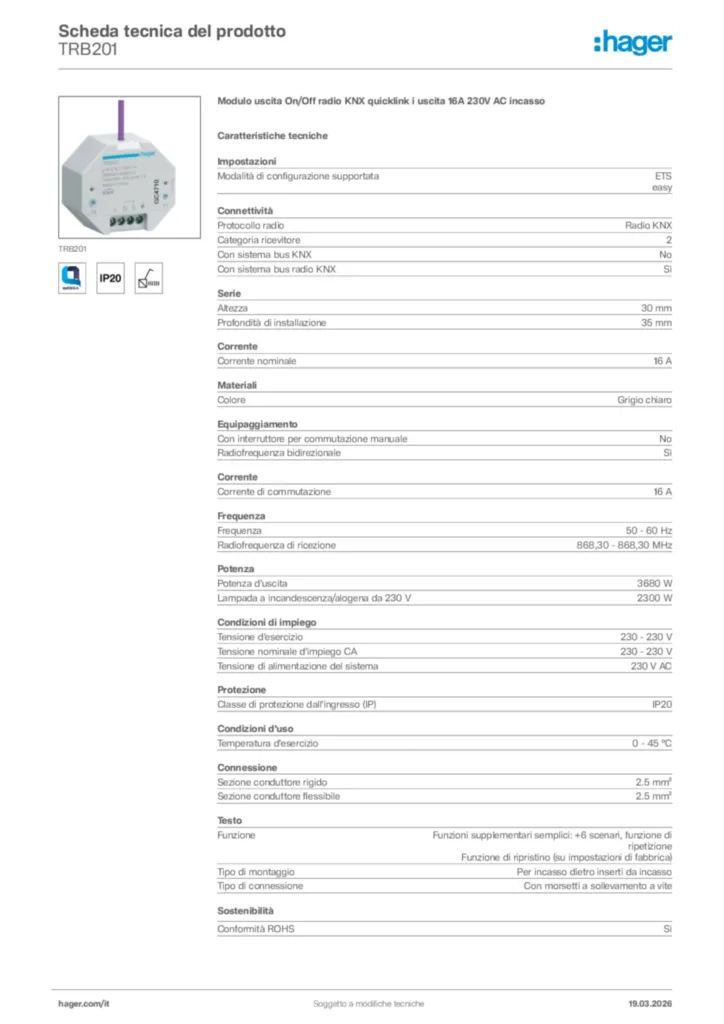 Immagine Hager Scheda tecnica del prodotto TRB201 | Hager Italia