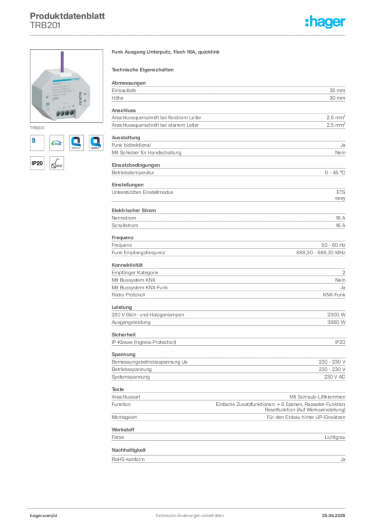 Bild Hager Produktdatenblatt TRB201 | Hager Deutschland