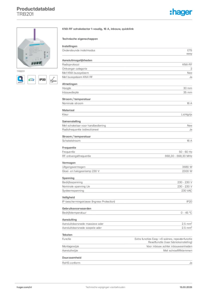Afbeelding Hager Productdatablad TRB201 | Hager Nederland