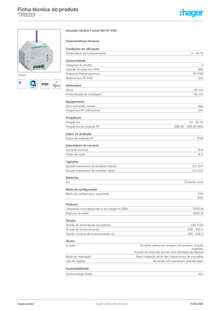 Imagem Hager Ficha técnica do produto TRB201 | Hager Portugal