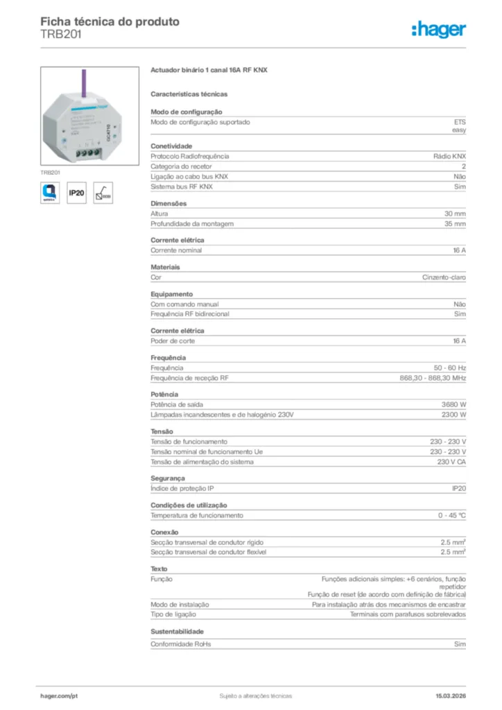Imagem Hager Ficha técnica do produto TRB201 | Hager Portugal