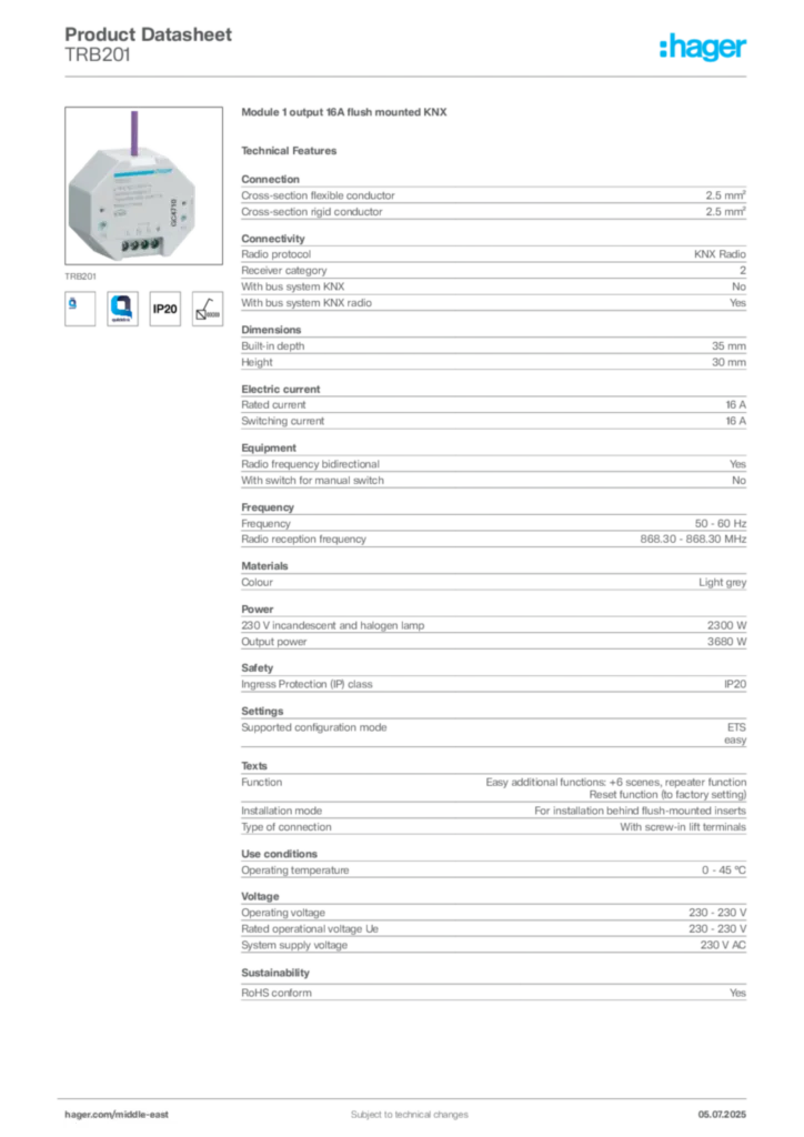 Image Hager Product data sheet TRB201  | Hager