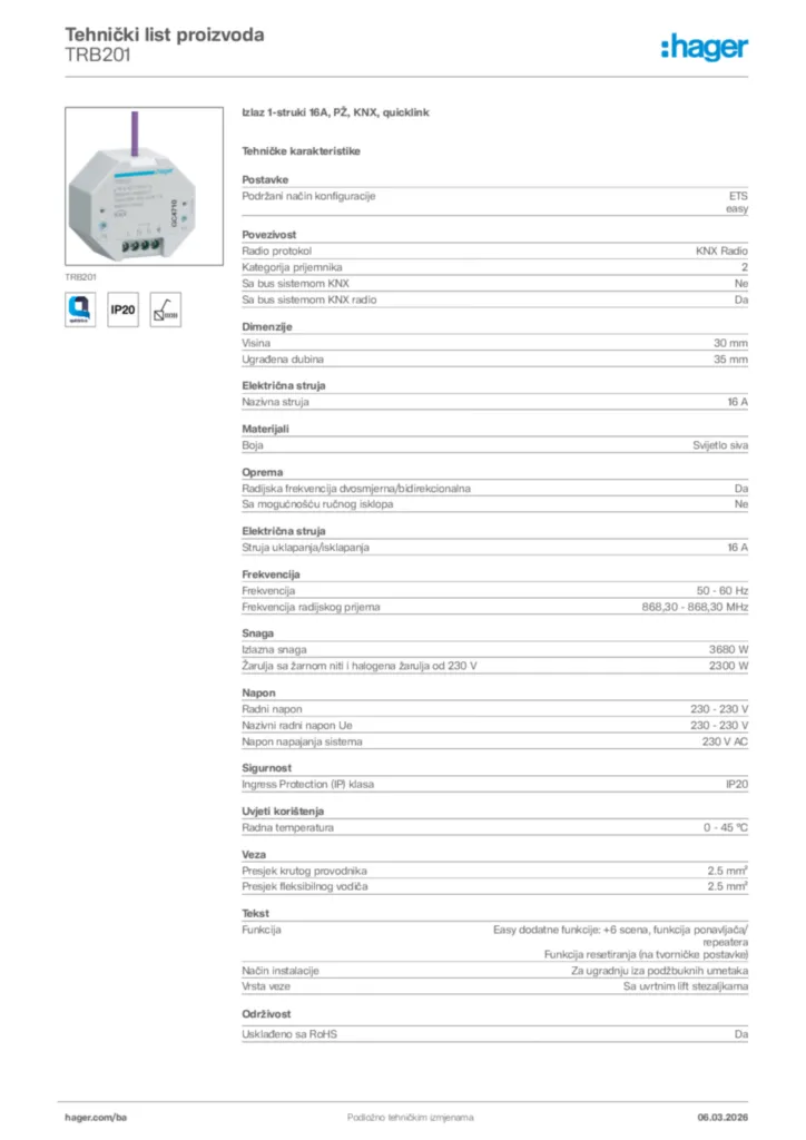 Slika Hager Tehnički list proizvoda TRB201  | Hager
