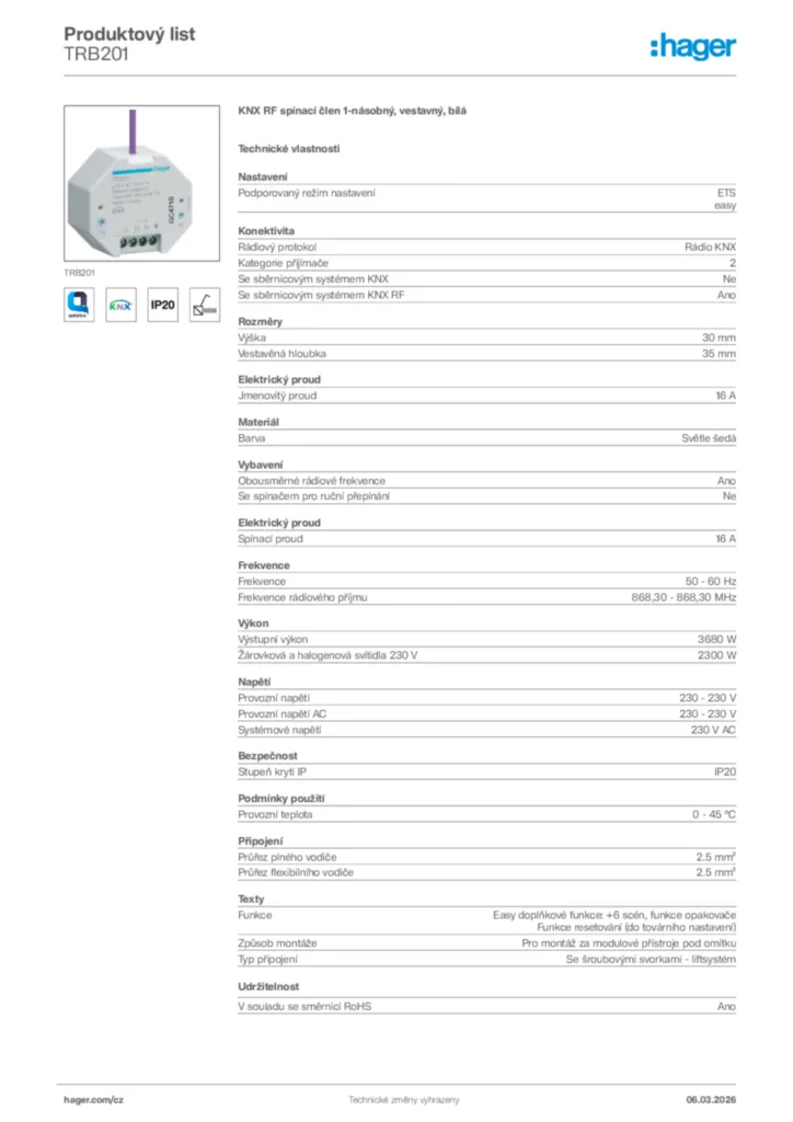 Obrázek Hager Product data sheet TRB201 | Hager