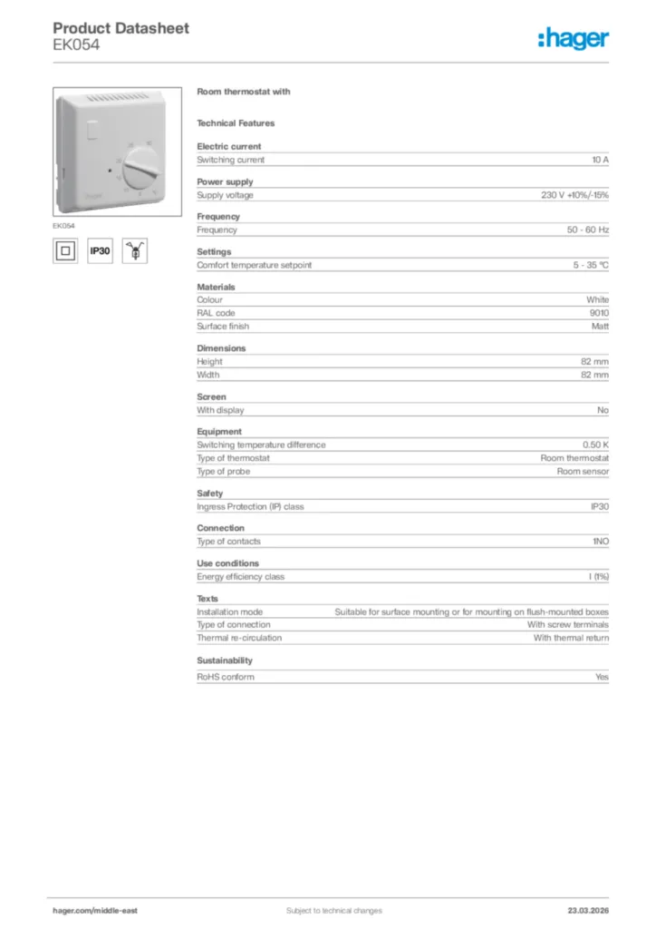 Image Hager Product data sheet EK054  | Hager