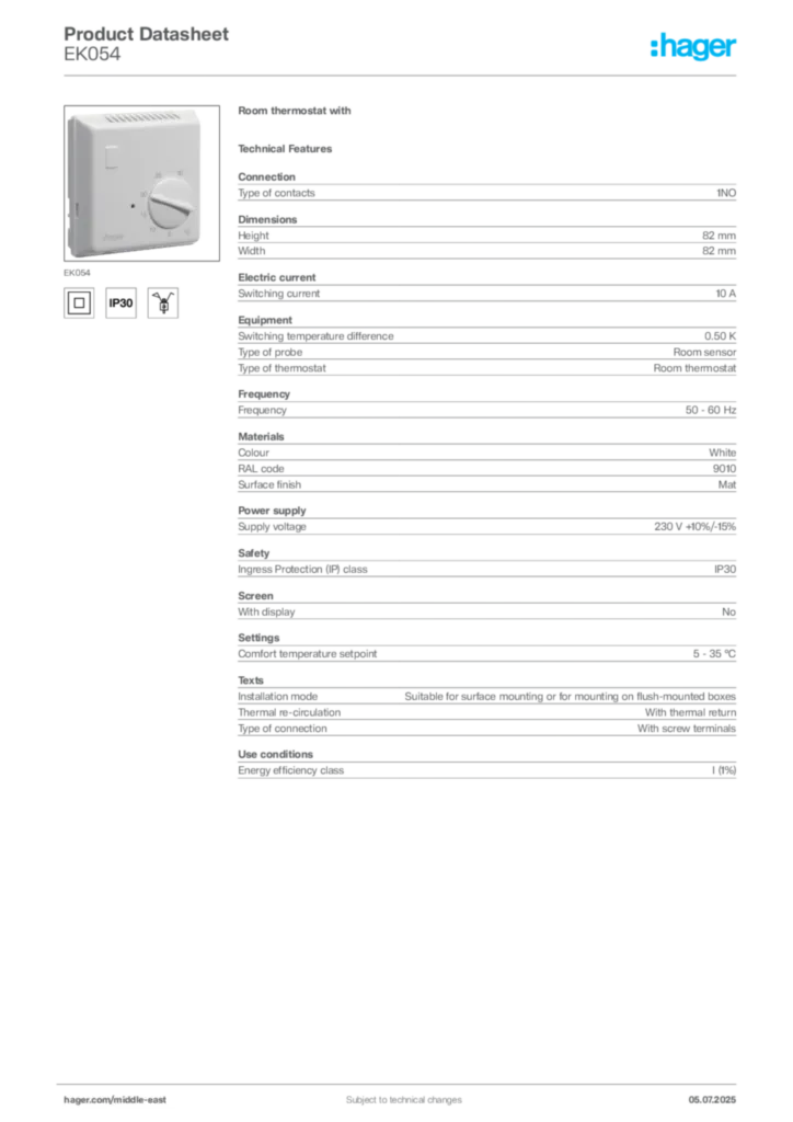 Image Hager Product data sheet EK054  | Hager