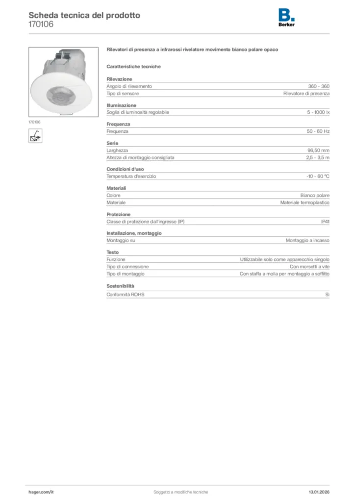Immagine Berker Scheda tecnica del prodotto 170106 | Hager Italia