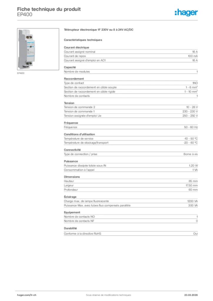 Image Hager Fiche technique du produit EP400 | Hager Suisse