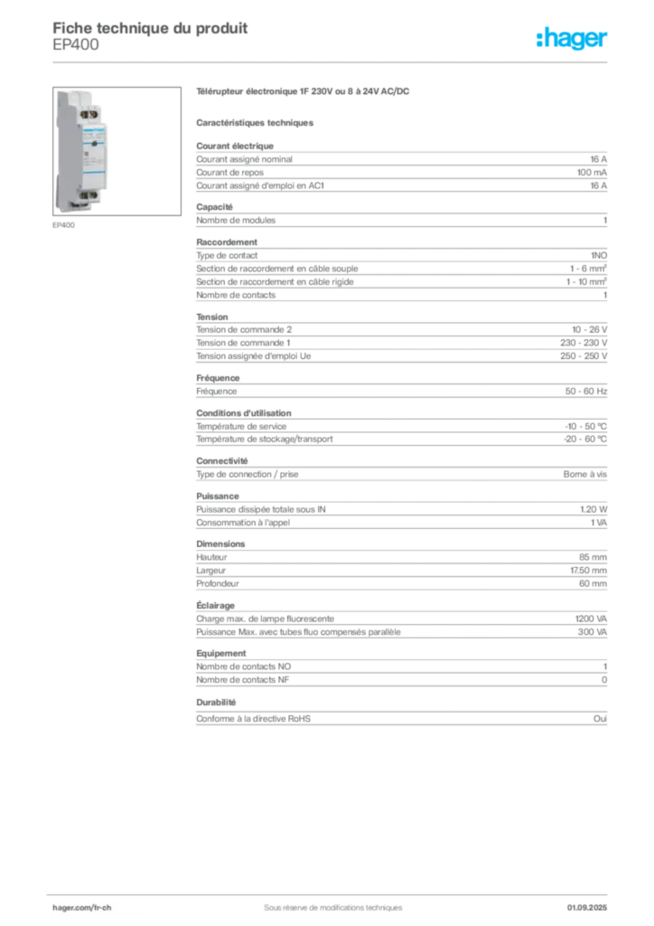 Image Hager Fiche technique du produit EP400 | Hager Suisse