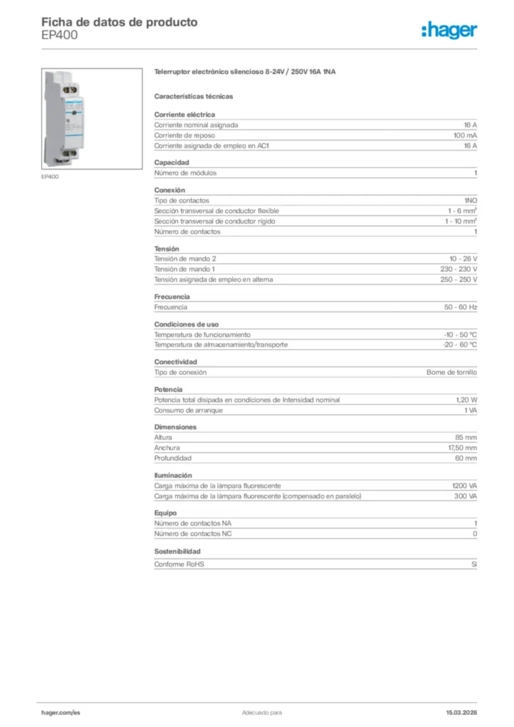 Imagen Hager Ficha de datos de producto EP400 | Hager España