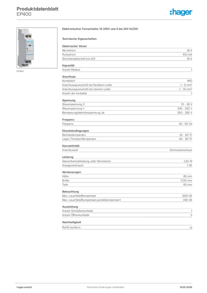 Bild Hager Produktdatenblatt EP400 | Hager Deutschland