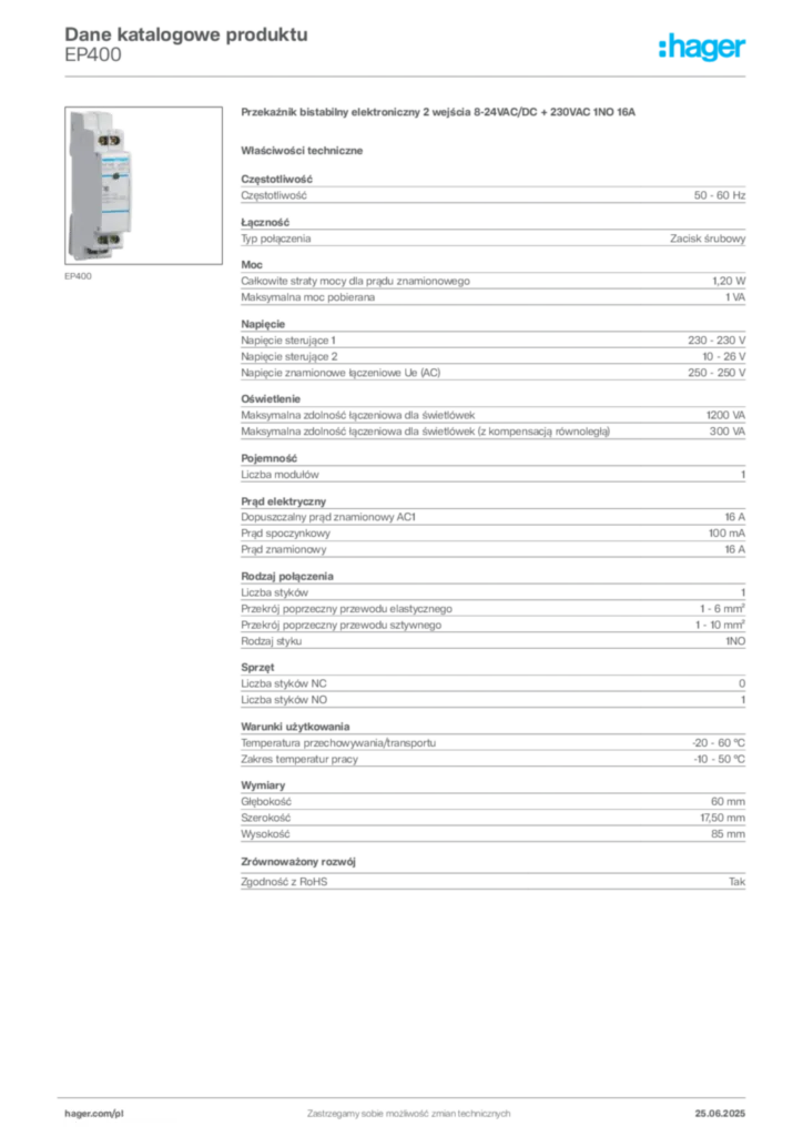 Zdjęcie Hager Dane katalogowe produktu EP400 | Hager Polska