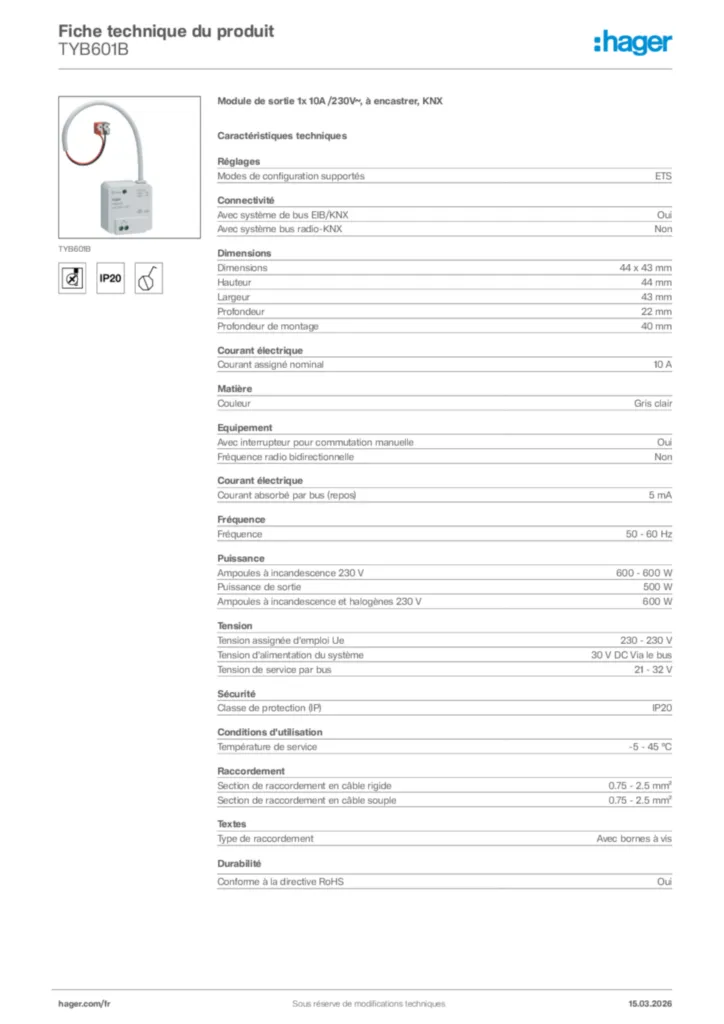 Image Hager Fiche technique du produit TYB601B | Hager France