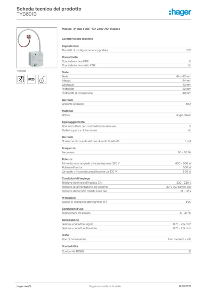 Immagine Hager Scheda tecnica del prodotto TYB601B | Hager Italia