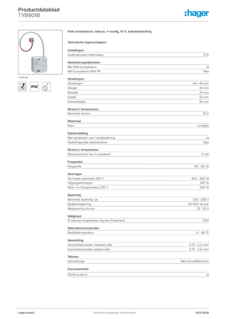 Afbeelding Hager Productdatablad TYB601B | Hager Nederland