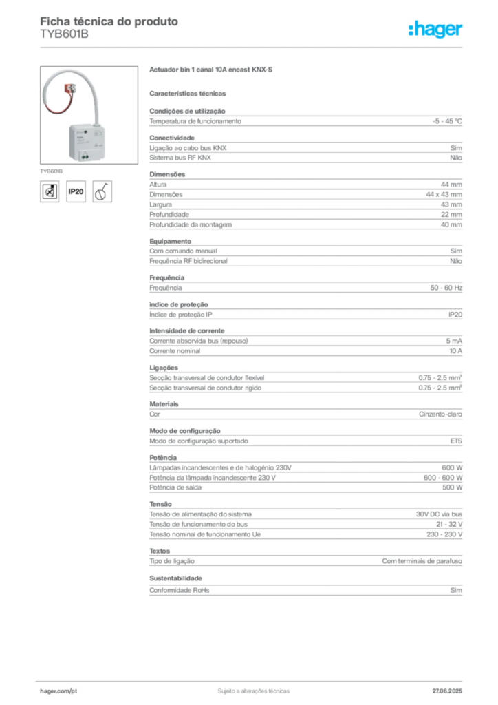 Imagem Hager Ficha técnica do produto TYB601B | Hager Portugal