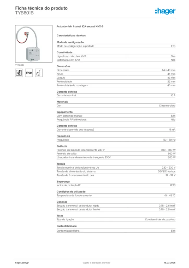 Imagem Hager Ficha técnica do produto TYB601B | Hager Portugal