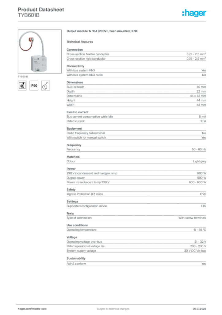 Image Hager Product data sheet TYB601B  | Hager