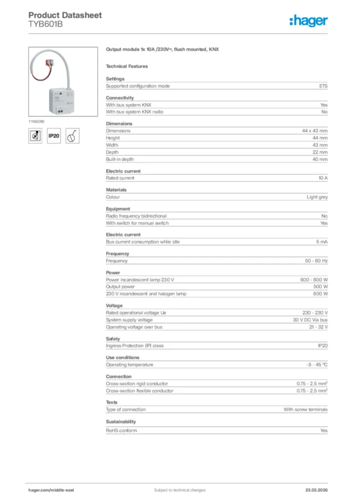 Image Hager Product data sheet TYB601B  | Hager