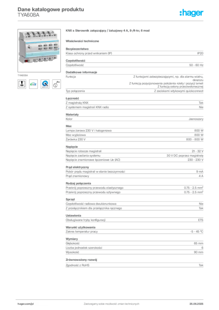 Zdjęcie Hager Dane katalogowe produktu TYA608A | Hager Polska