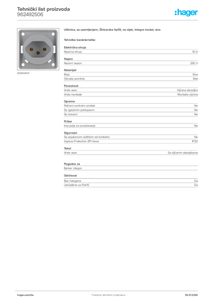 Slika Hager Product data sheet 962492506  | Hager