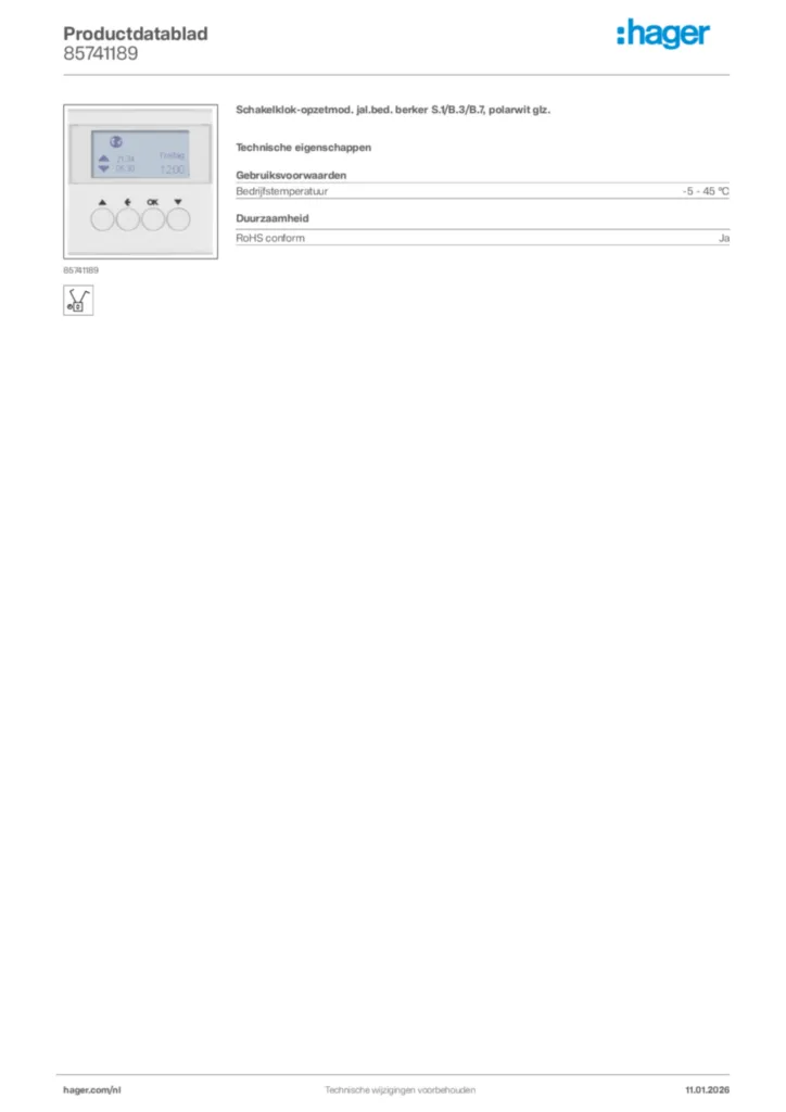 Afbeelding Hager Productdatablad 85741189 | Hager Nederland