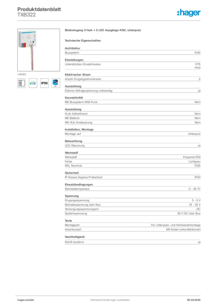 Bild Hager Produktdatenblatt TXB322 | Hager Deutschland