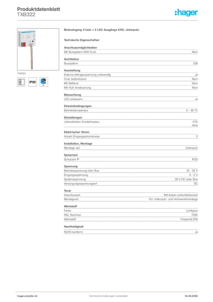 Bild Hager Produktdatenblatt TXB322 | Hager Schweiz