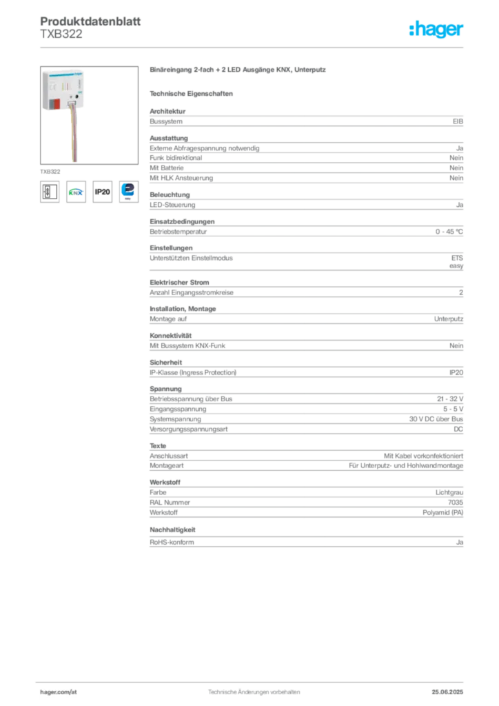Bild Hager Produktdatenblatt TXB322 | Hager Deutschland