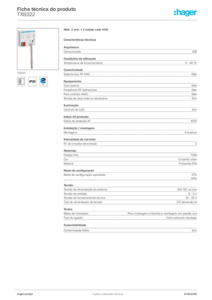 Imagem Hager Ficha técnica do produto TXB322 | Hager Portugal