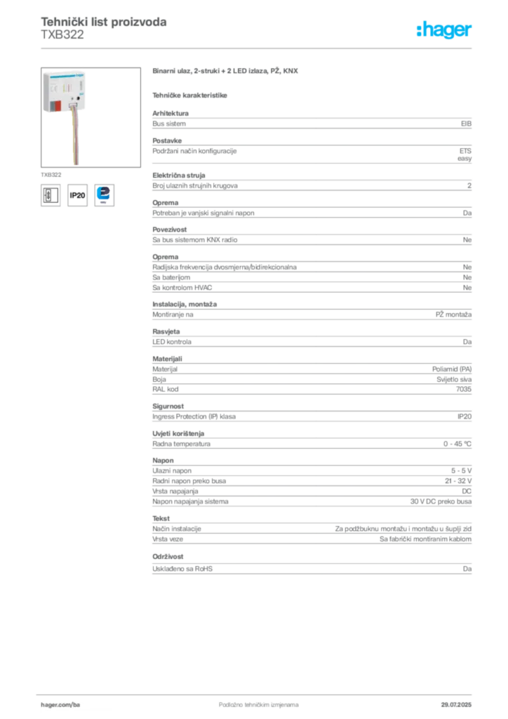 Slika Hager Product data sheet TXB322  | Hager