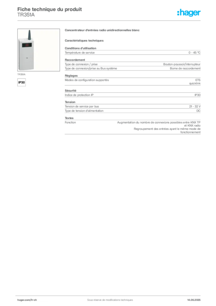 Image Hager Fiche technique du produit TR351A | Hager Suisse