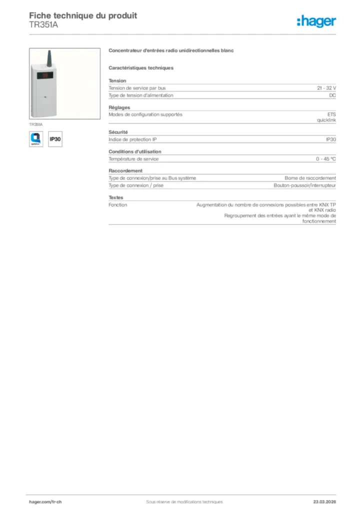 Image Hager Fiche technique du produit TR351A | Hager Suisse