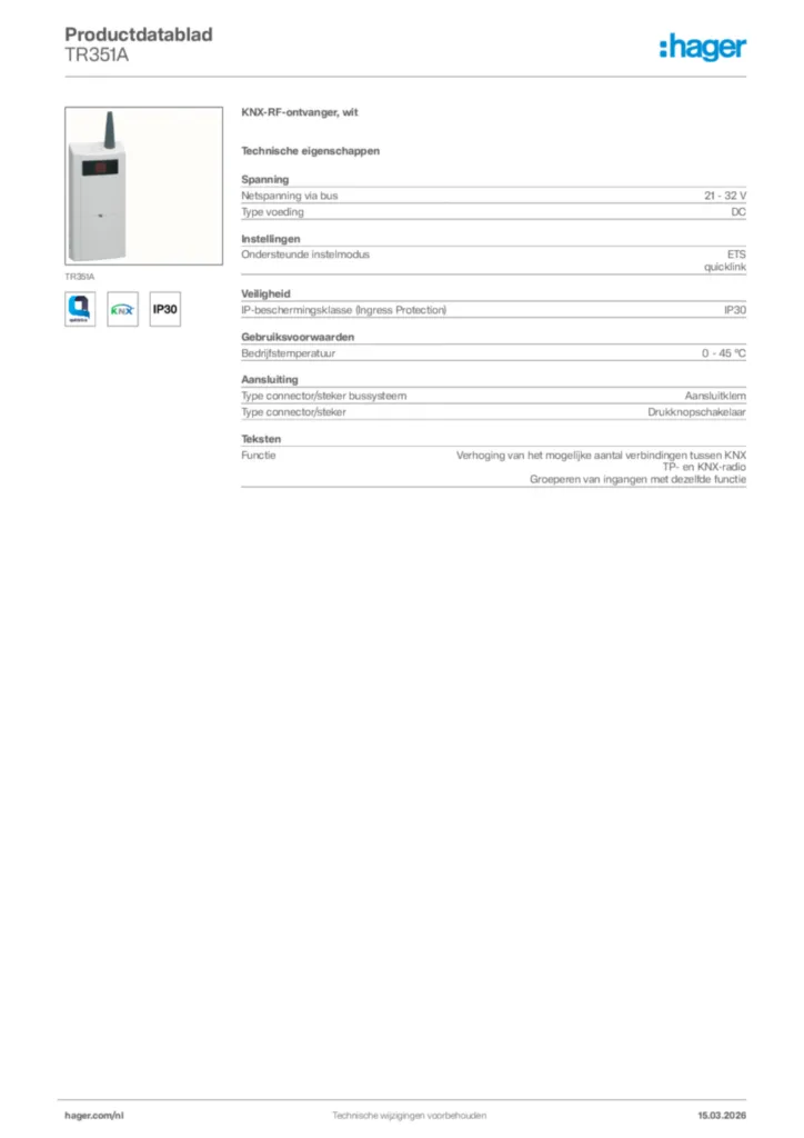 Afbeelding Hager Productdatablad TR351A | Hager Nederland