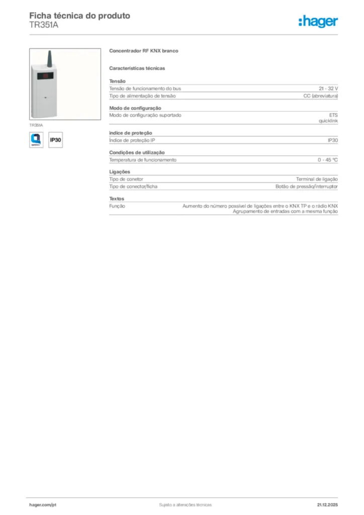 Imagem Hager Ficha técnica do produto TR351A | Hager Portugal