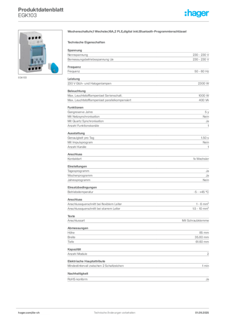 Bild Hager Produktdatenblatt EGK103 | Hager Schweiz