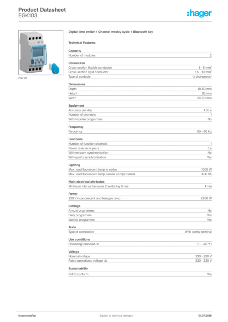 Image Hager Product data sheet EGK103  | Hager Australia