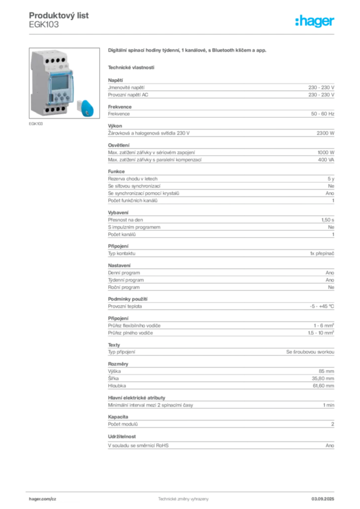 Obrázek Hager Produktový list EGK103 | Hager