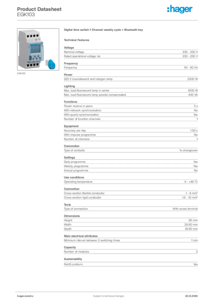 Image Hager Product data sheet EGK103  | Hager New Zealand