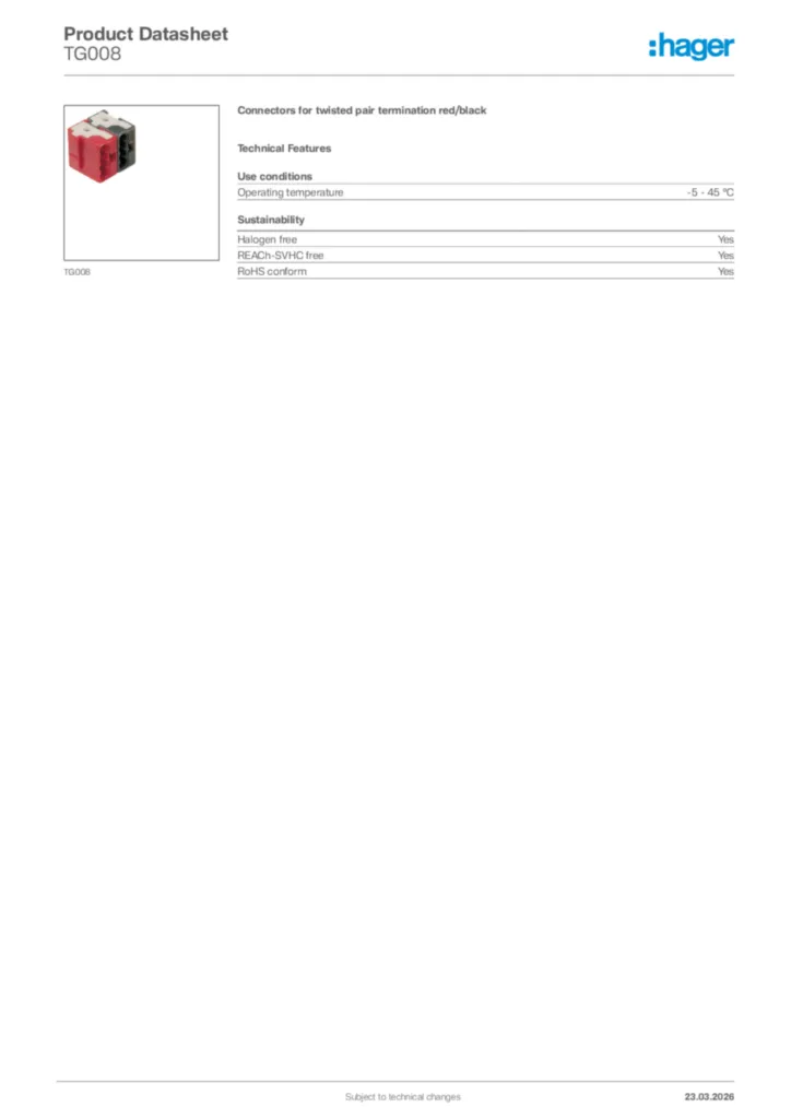 Image Hager Product data sheet TG008  | Hager Africa