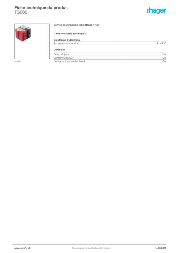 Image Hager Fiche technique du produit TG008 | Hager Suisse