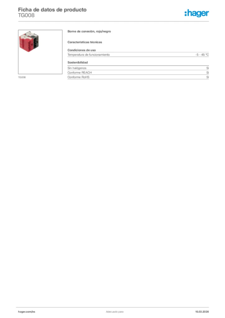 Imagen Hager Ficha de datos de producto TG008 | Hager España