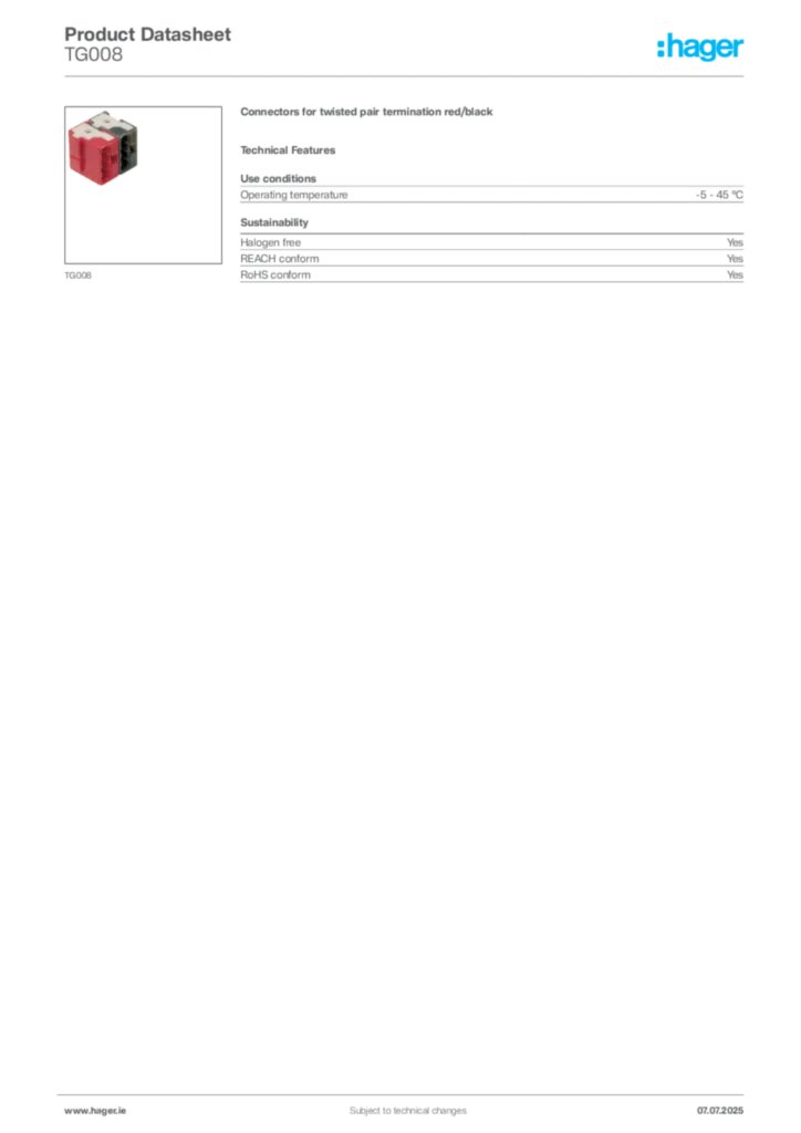 Image Hager Product data sheet TG008  | Hager