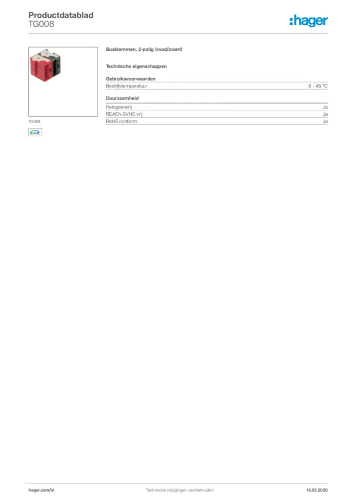 Afbeelding Hager Productdatablad TG008 | Hager Nederland