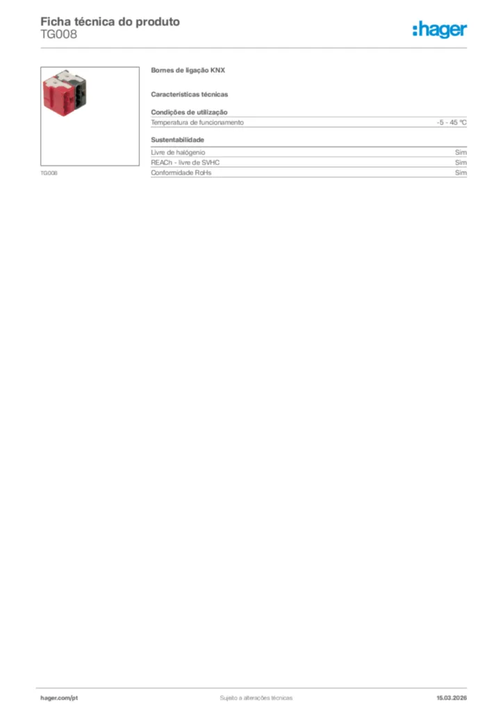 Imagem Hager Ficha técnica do produto TG008 | Hager Portugal